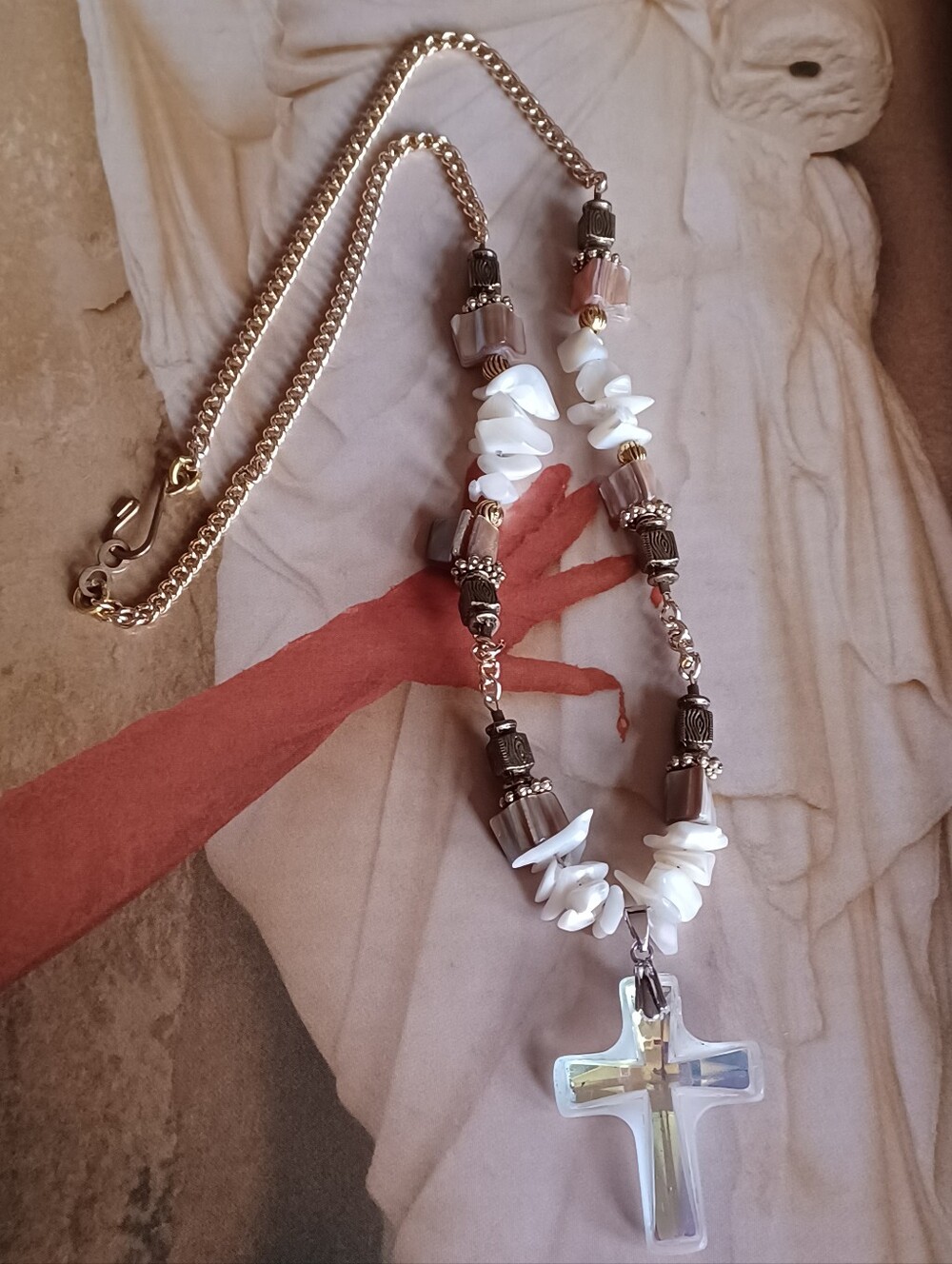Vintage AB Crystal Cross Pendant Mother Of Pearl Boho Artisan Necklace ✨️